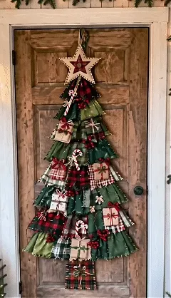 Oversized patchwork Christmas tree door hanging display animation