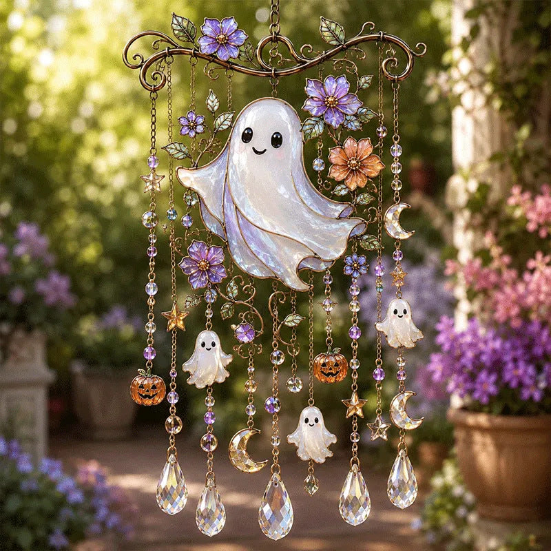 Cute ghost Halloween stained glass-style hanging ornament