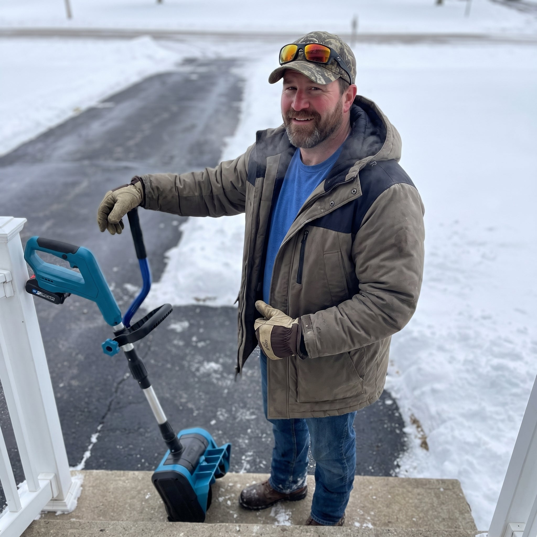 Cordless snow shovel shown in a snowy driveway setting