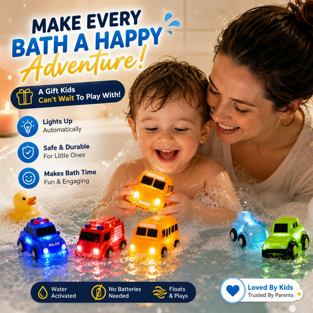 6 piece water activated light up vehicle toys for bath and pool play