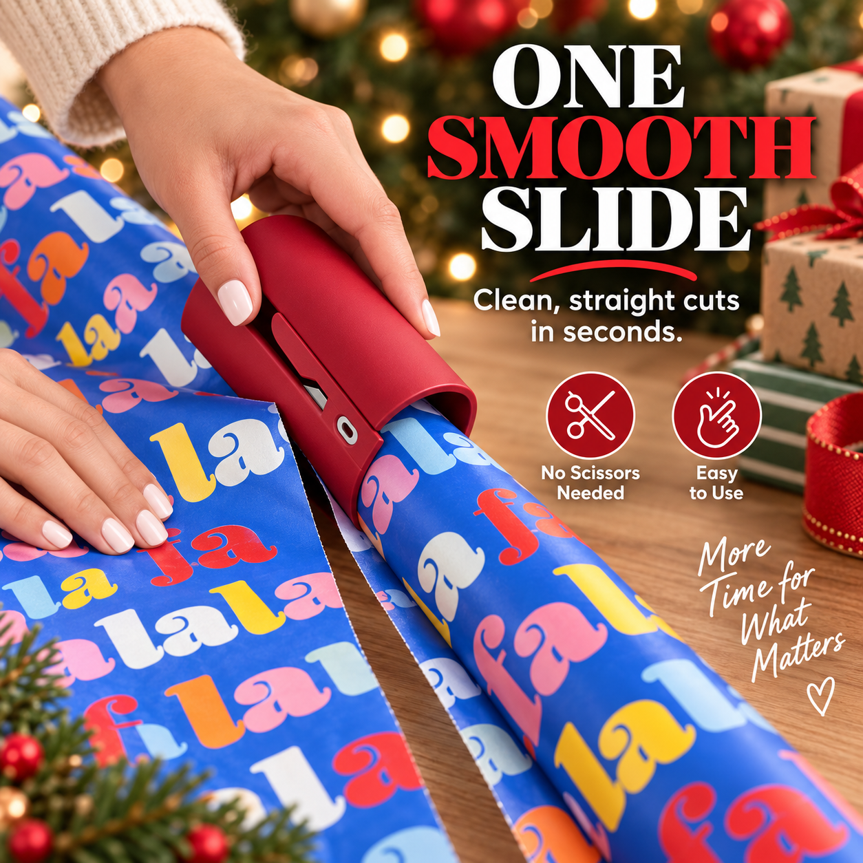 Gift wrap cutter sliding smoothly along a wrapping paper roll