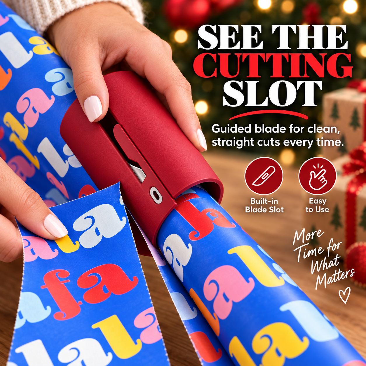 Close view of integrated guided cutting slot in gift wrap cutter