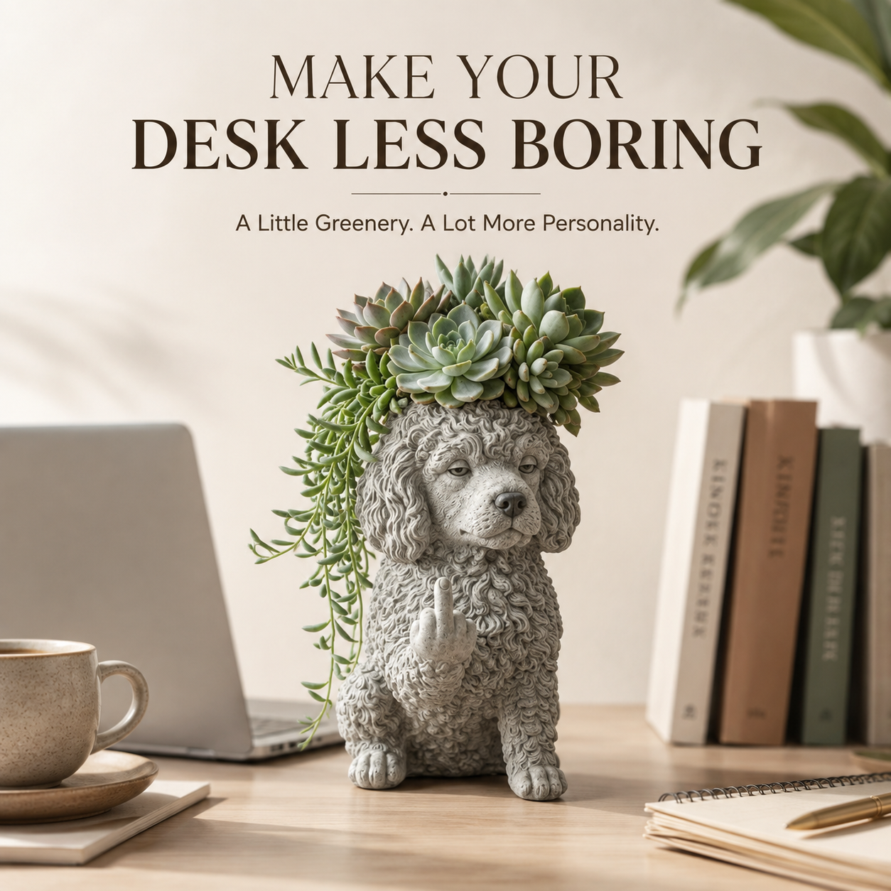 Grumpy cat, curly poodle dog, and bulldog middle finger animal planter collection