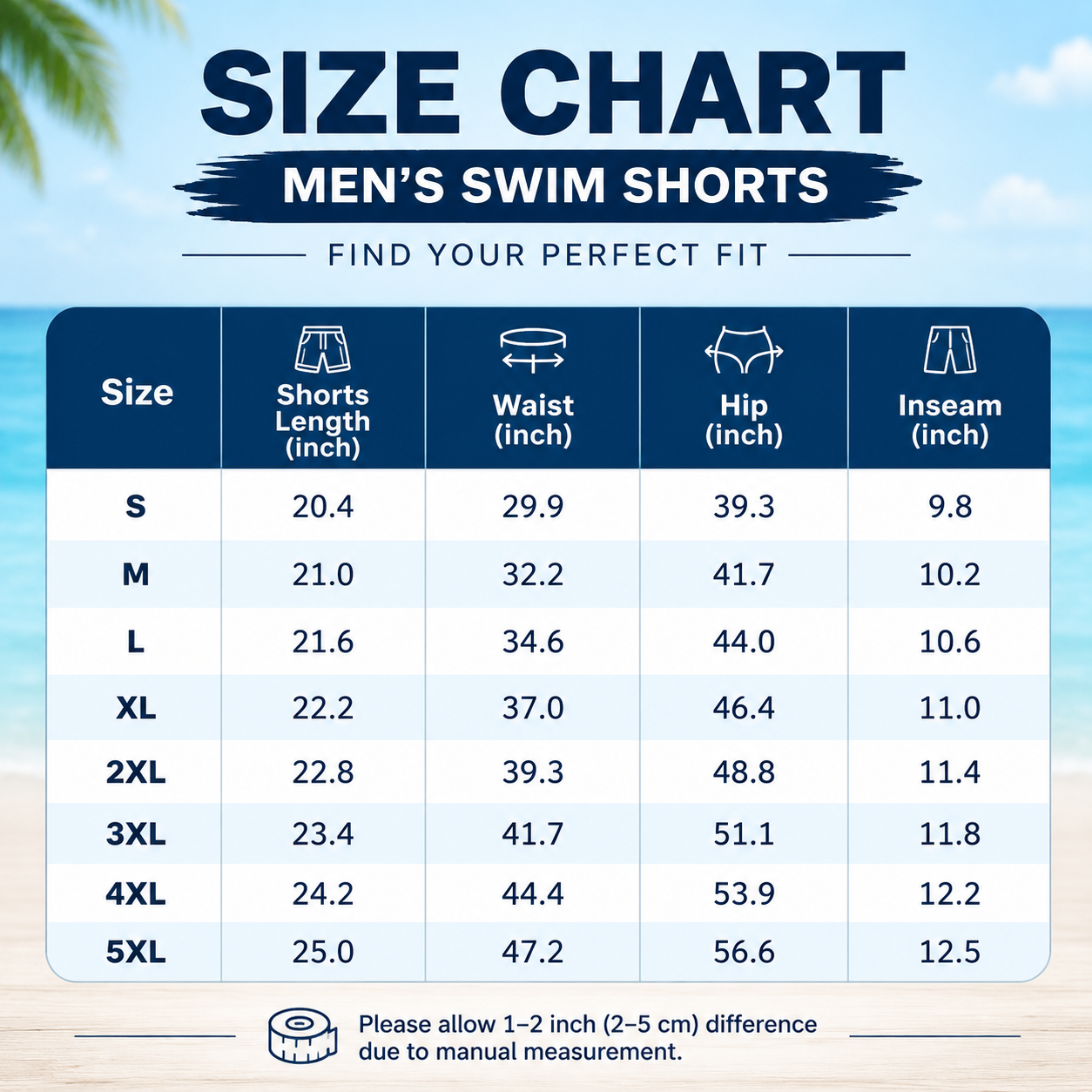 Men's swim trunks size chart measurements guide