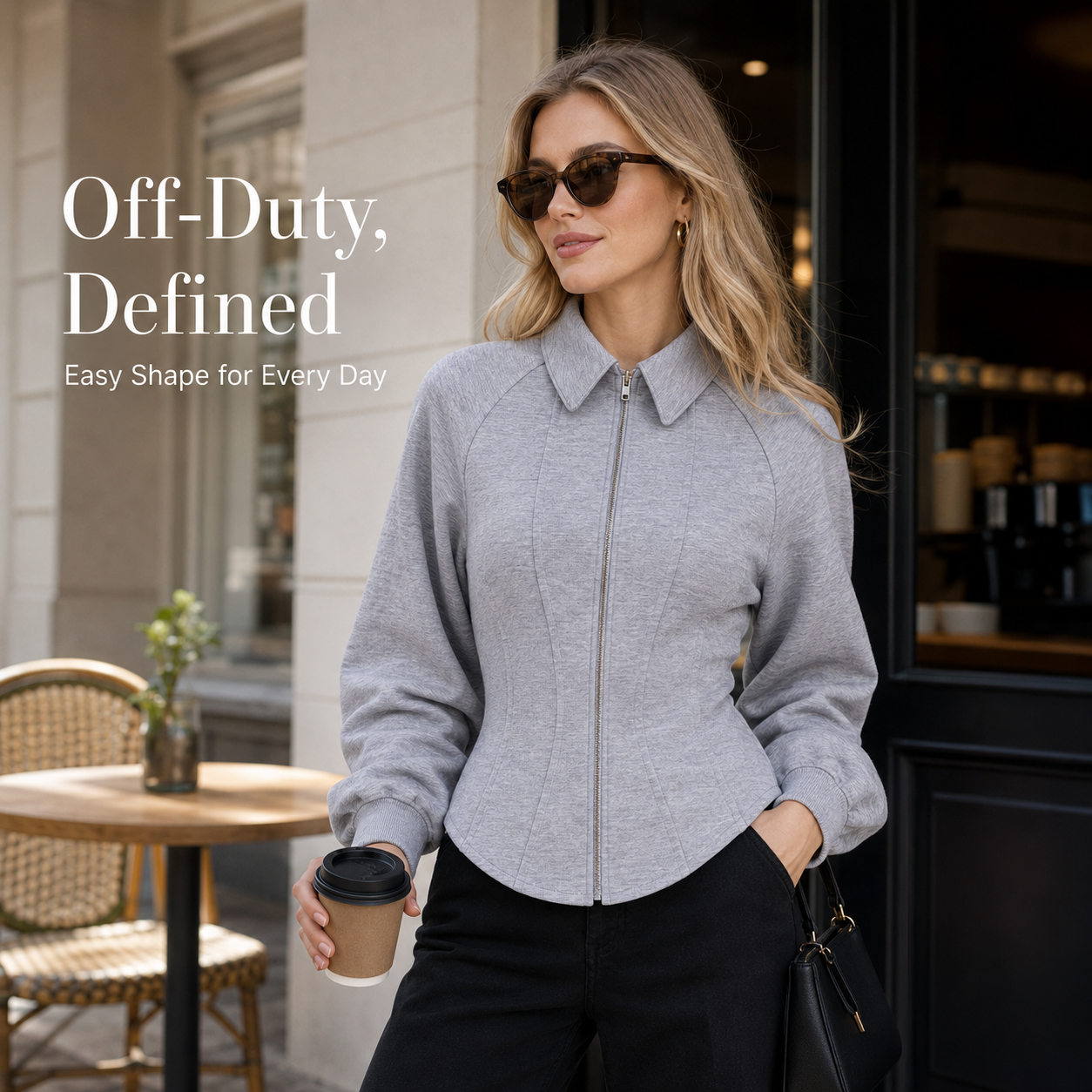 Gathered sleeve fabric texture and ribbed knit cuff detail
