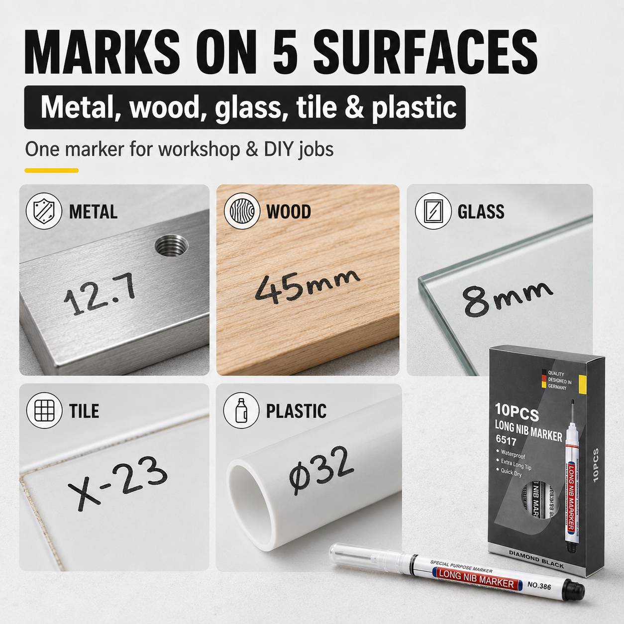 Long nib marker marking metal wood glass tile and plastic