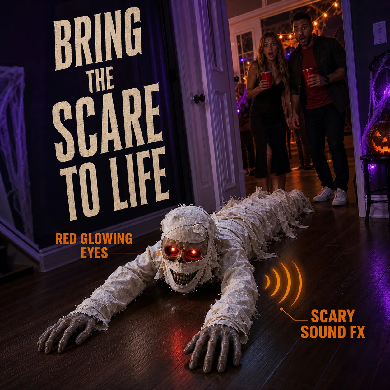 Animated crawling mummy Halloween prop in a party or haunted room setup