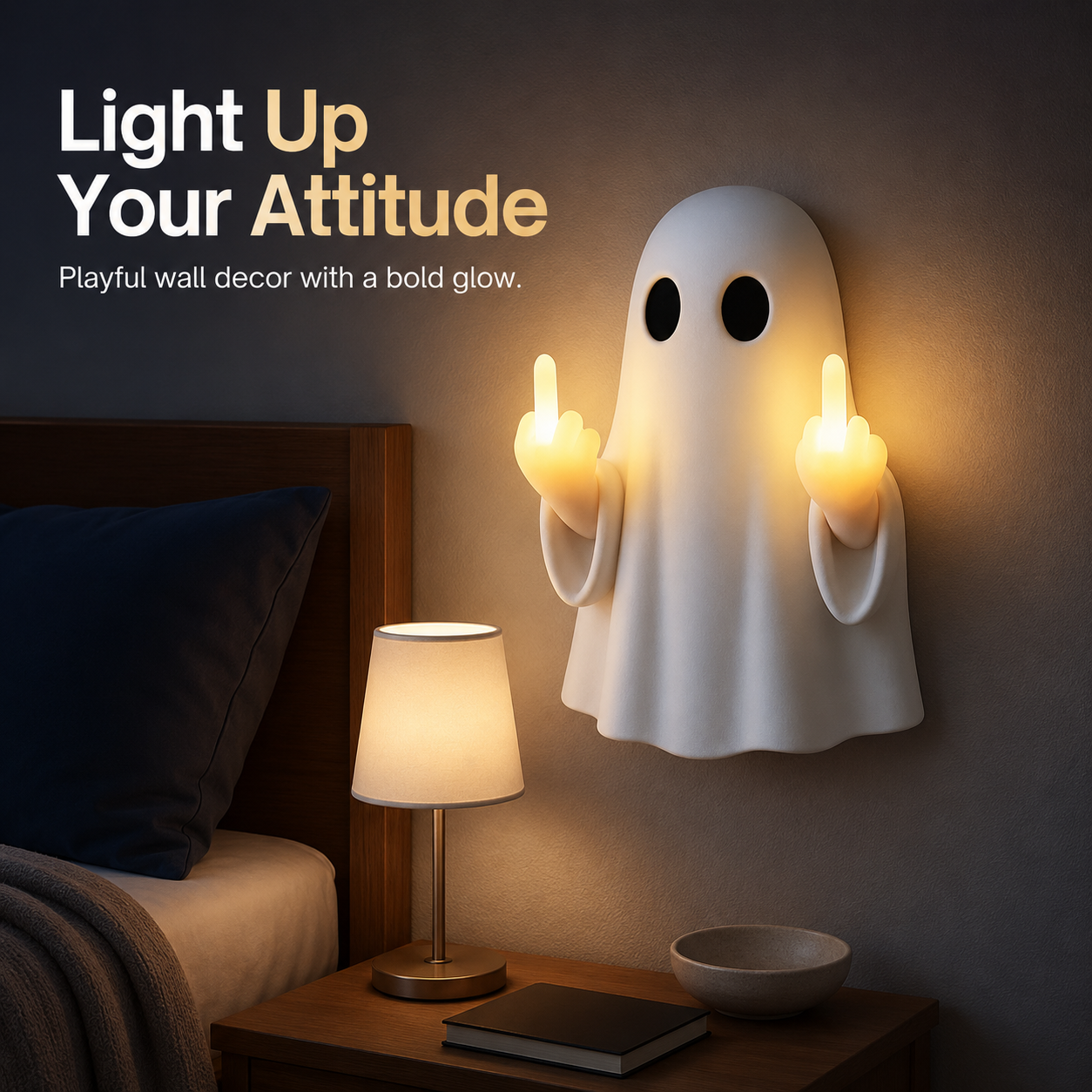Ghost shaped wall light glowing in bedroom room setting