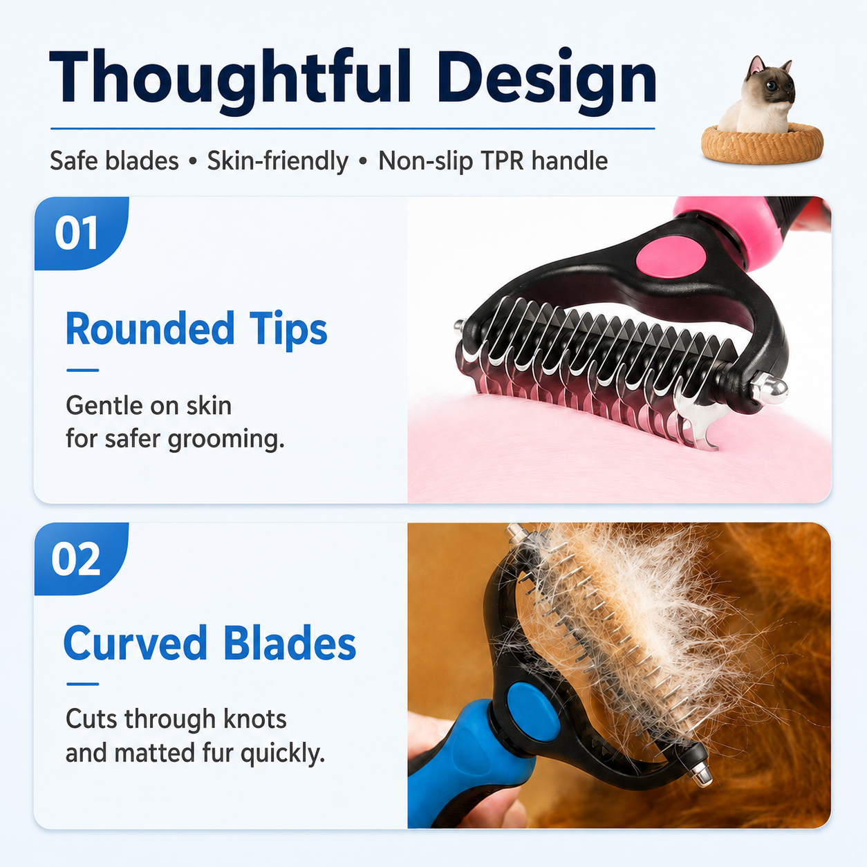 Pet dematting brush helps reduce loose fur at home
