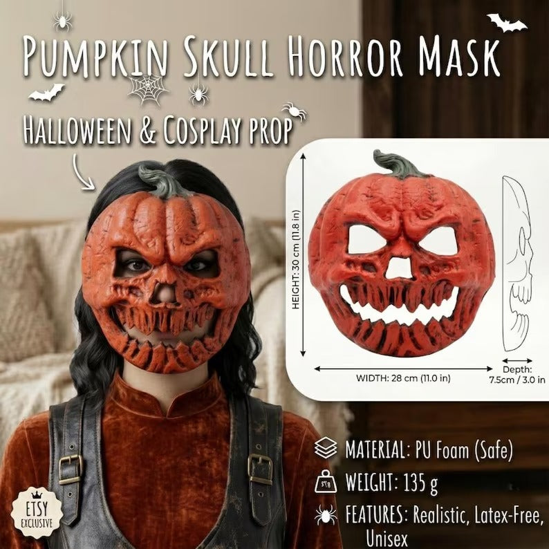 Pumpkin skull horror mask lightweight PU foam Halloween costume mask front view