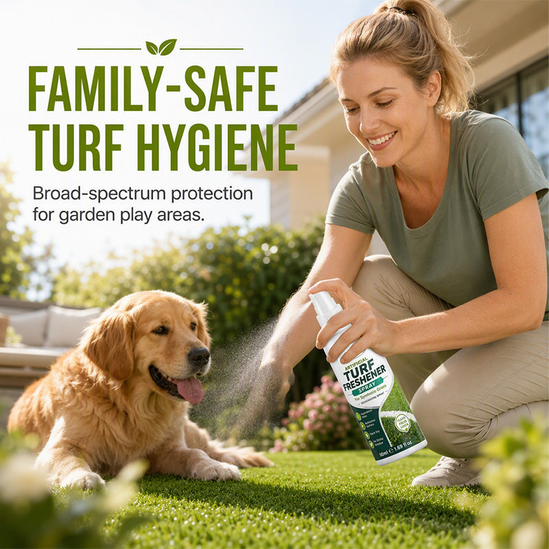 Artificial turf freshener for family and pet outdoor spaces