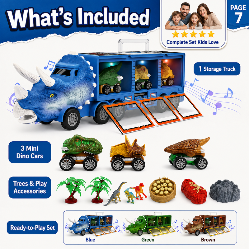 Complete dinosaur truck playset with figures trees and accessories