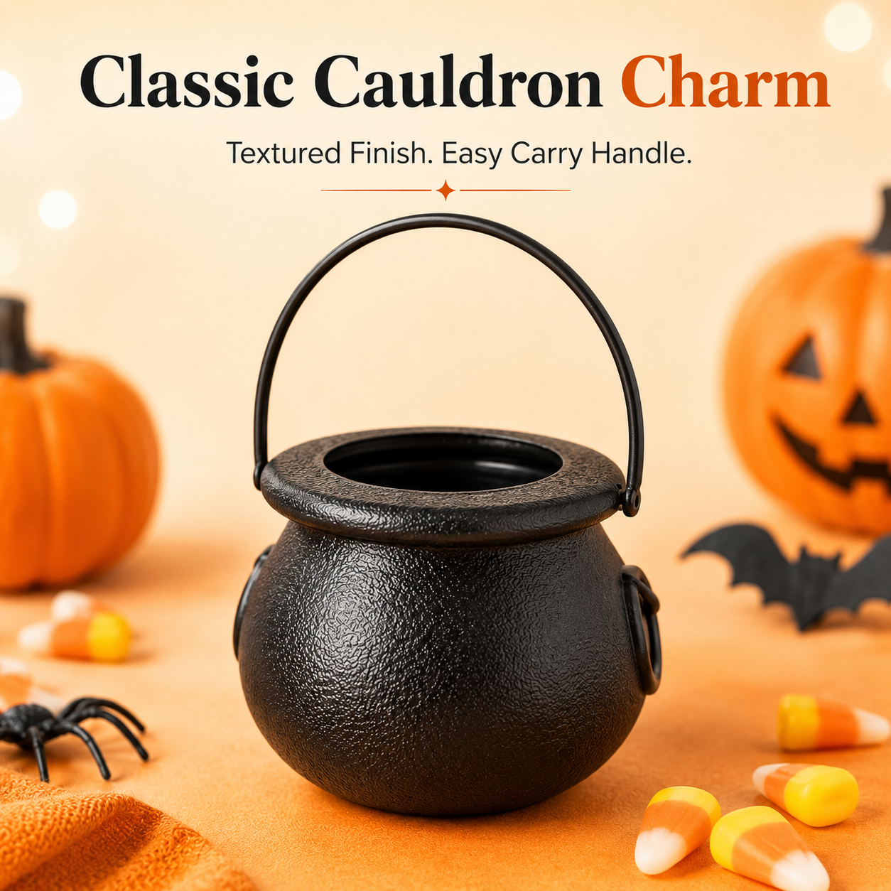 Black plastic mini Halloween cauldron with handle main product view