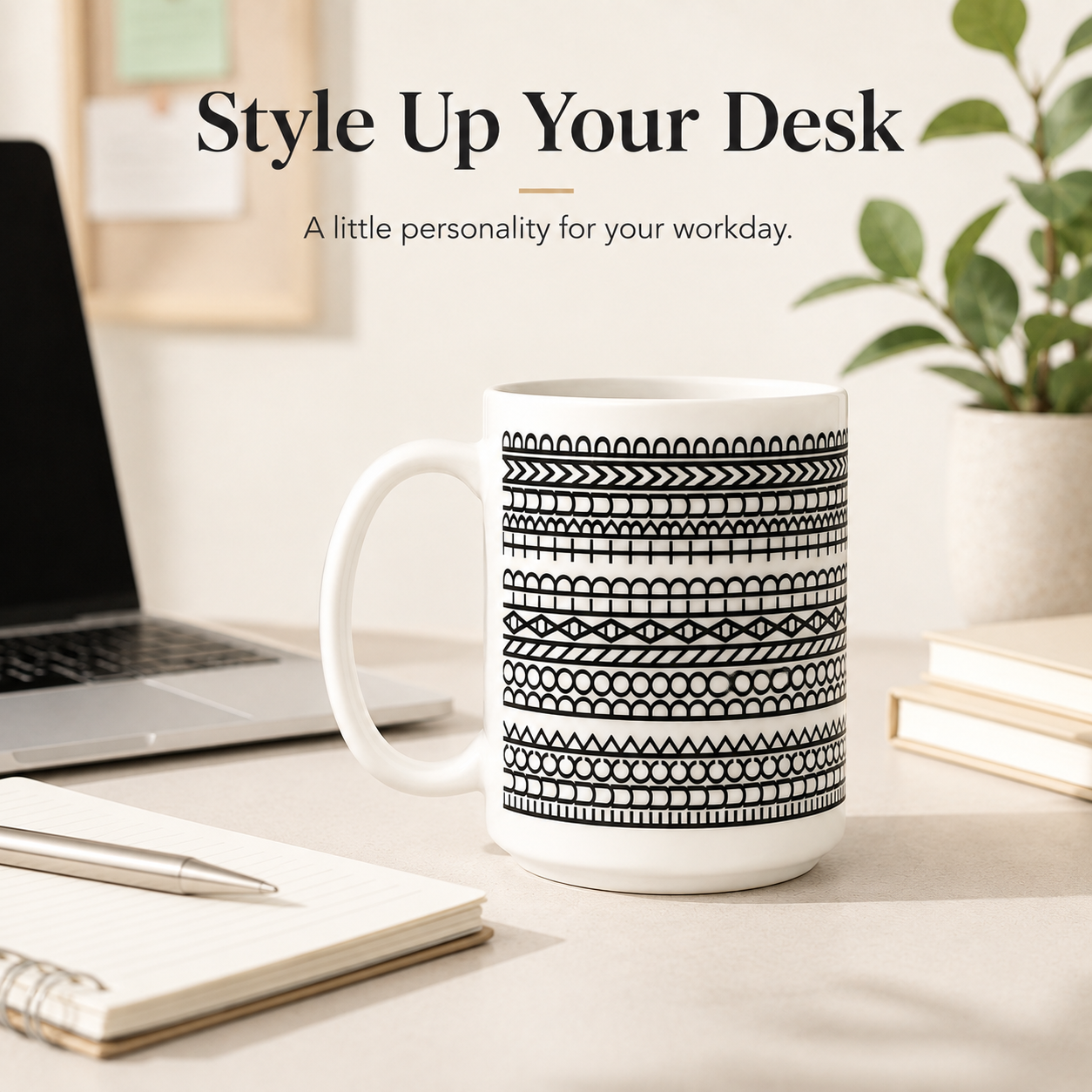Geometric patterned ceramic mug close-up details