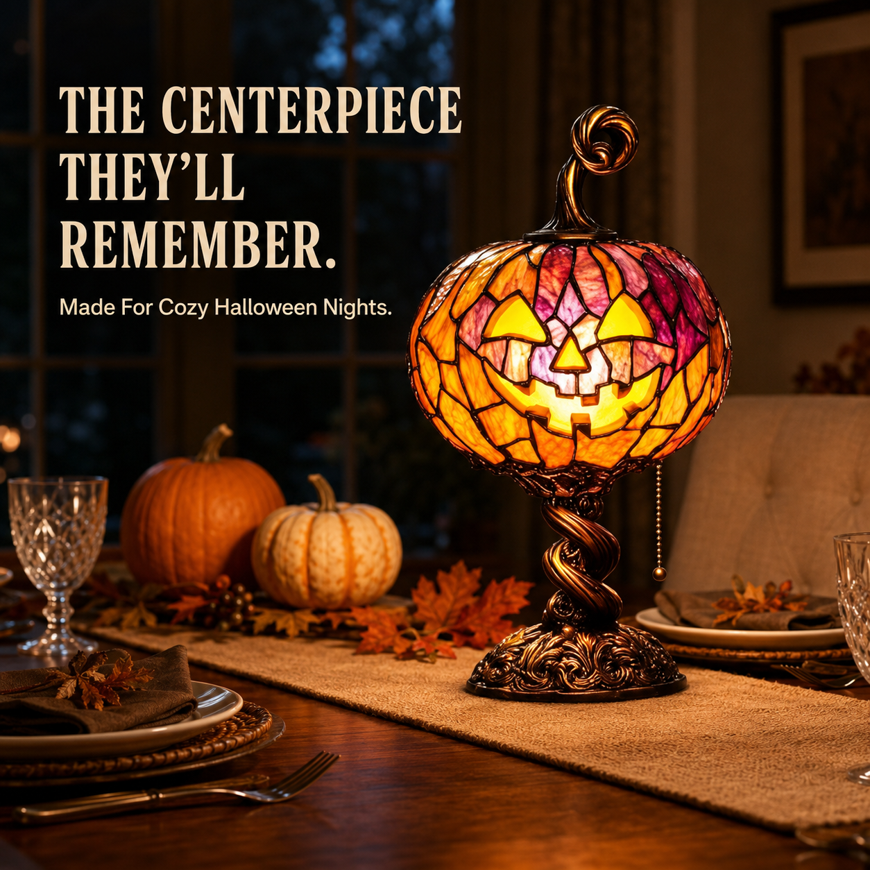 Warm glow effect from pumpkin lamp in dark room