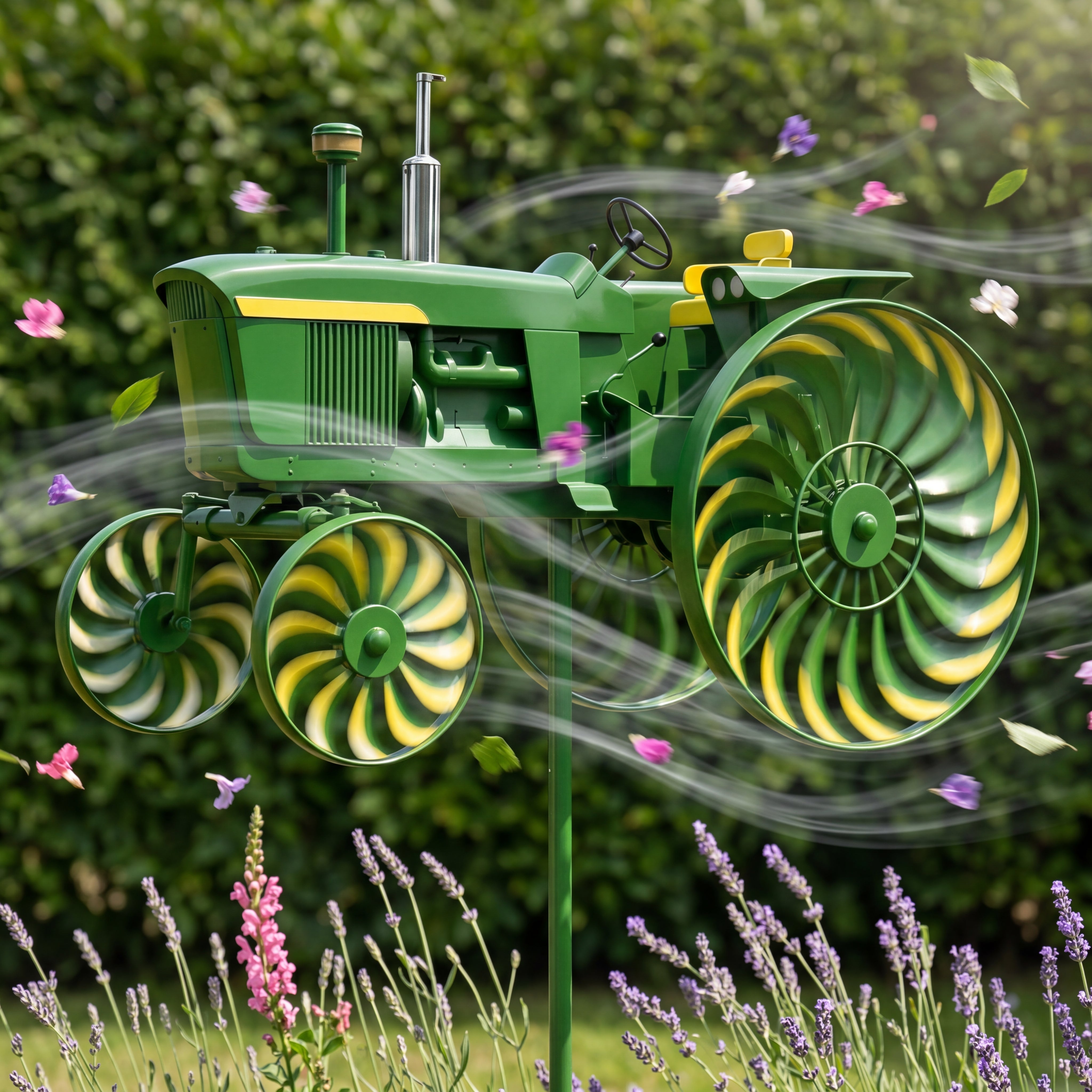 Vintage tractor wind spinner in outdoor setting