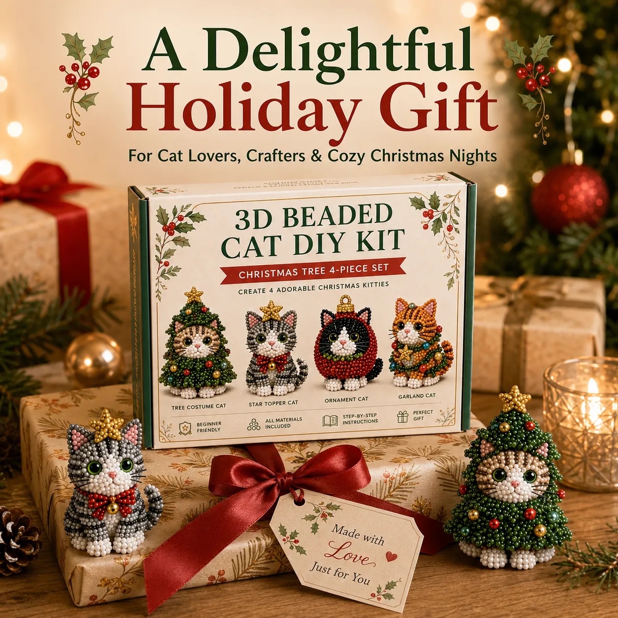 Family crafting time building beaded cat ornaments together