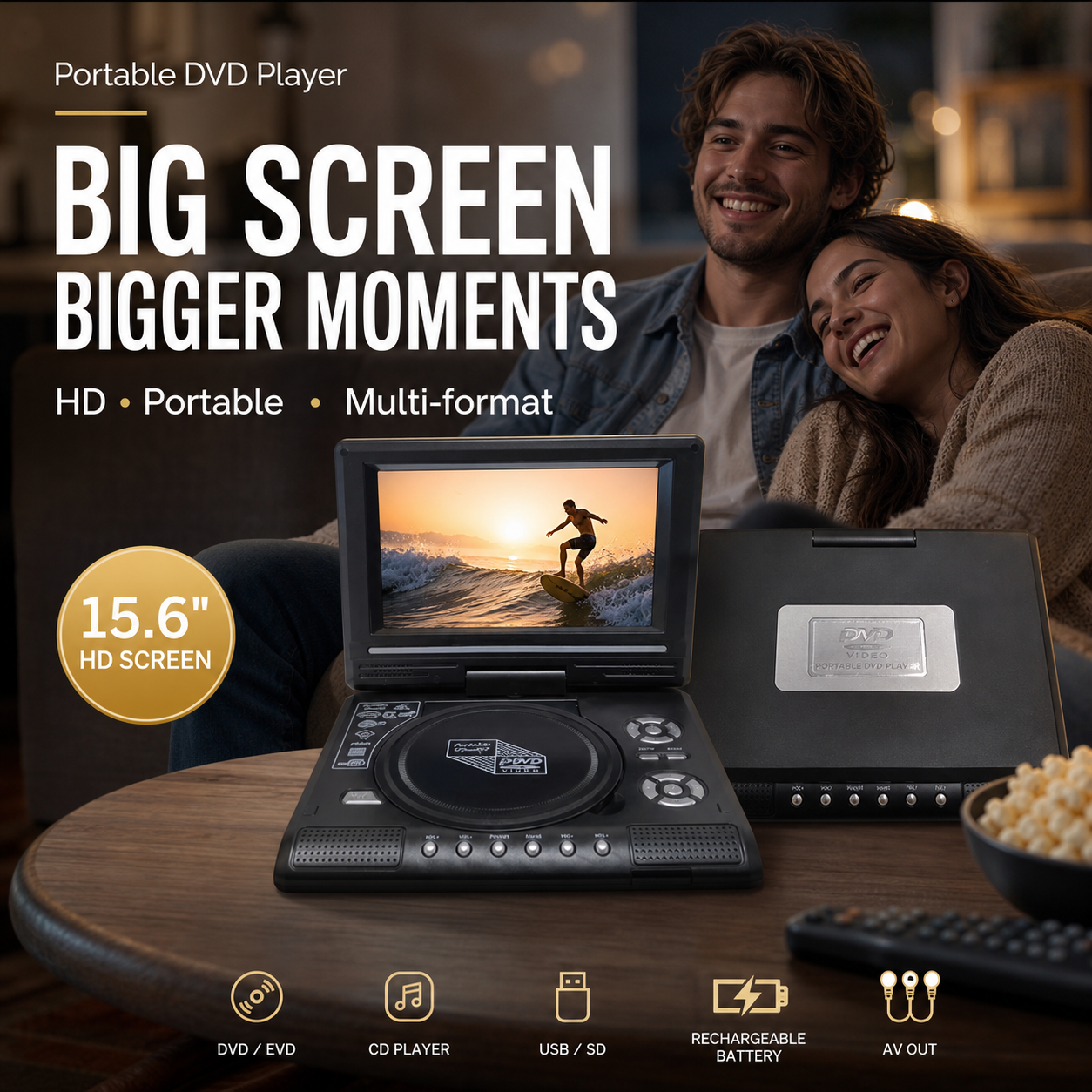Portable DVD player with built-in speakers and AV output