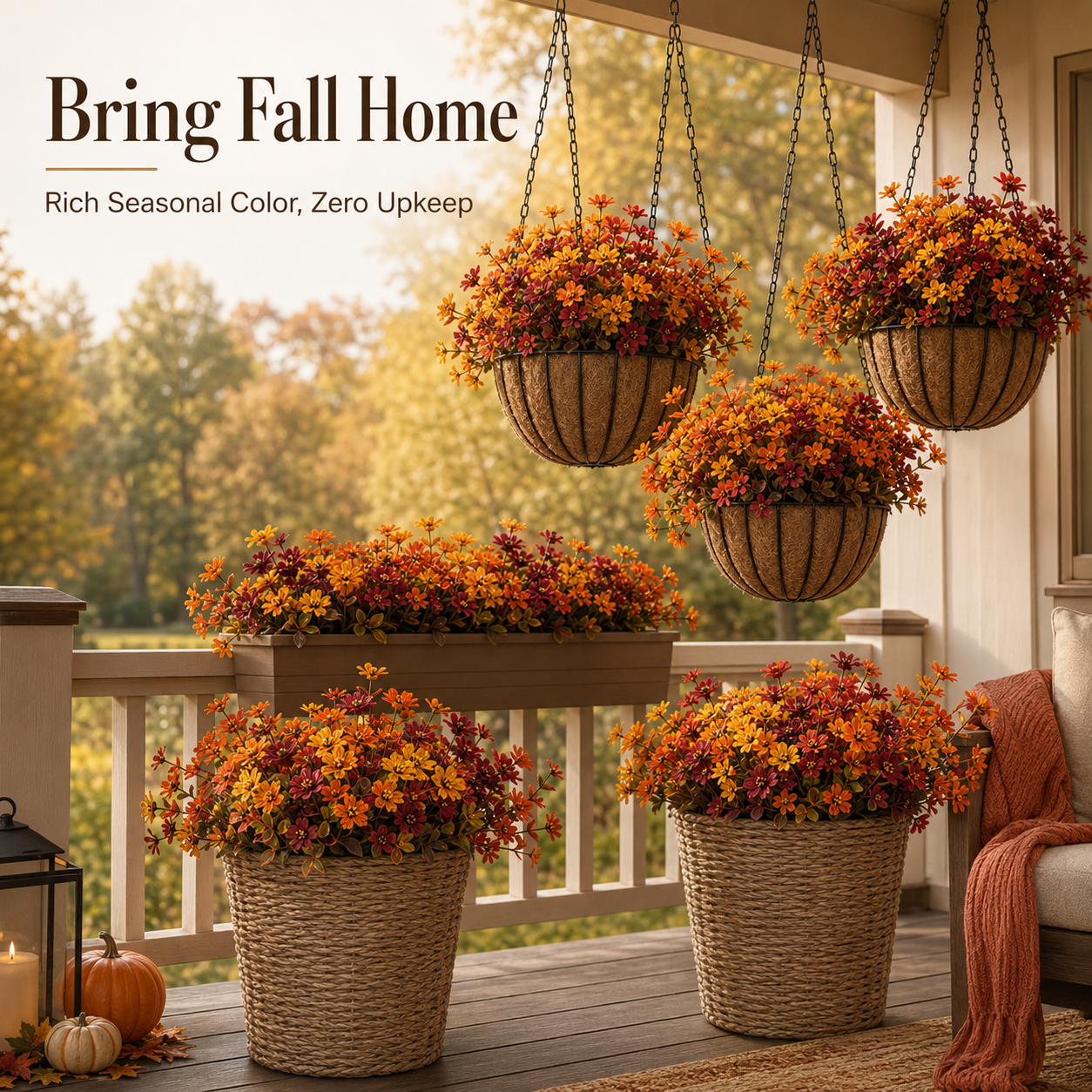 Front porch decorated with blooming fall flowers next to pumpkins