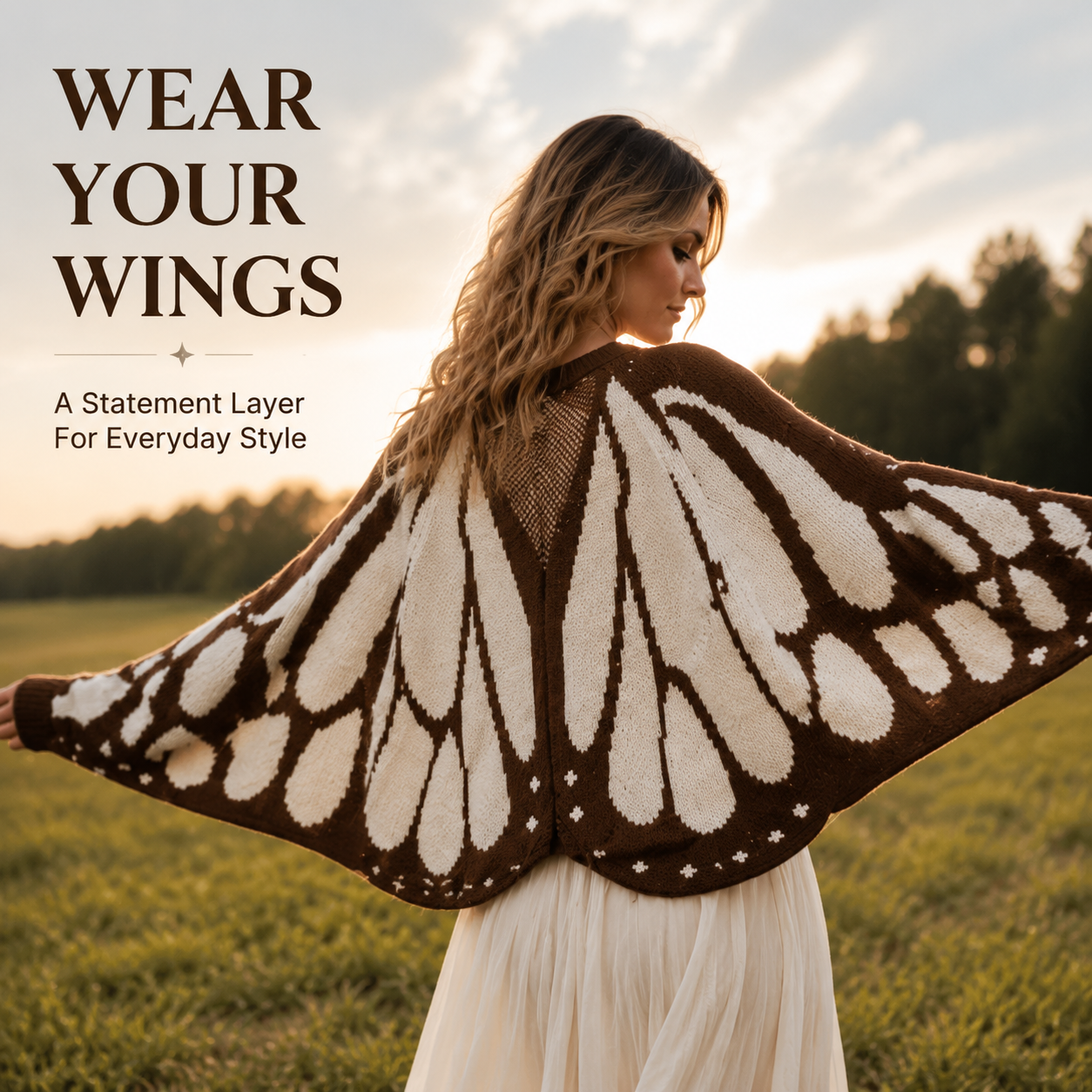 Model wearing butterfly cardigan with high waisted jeans