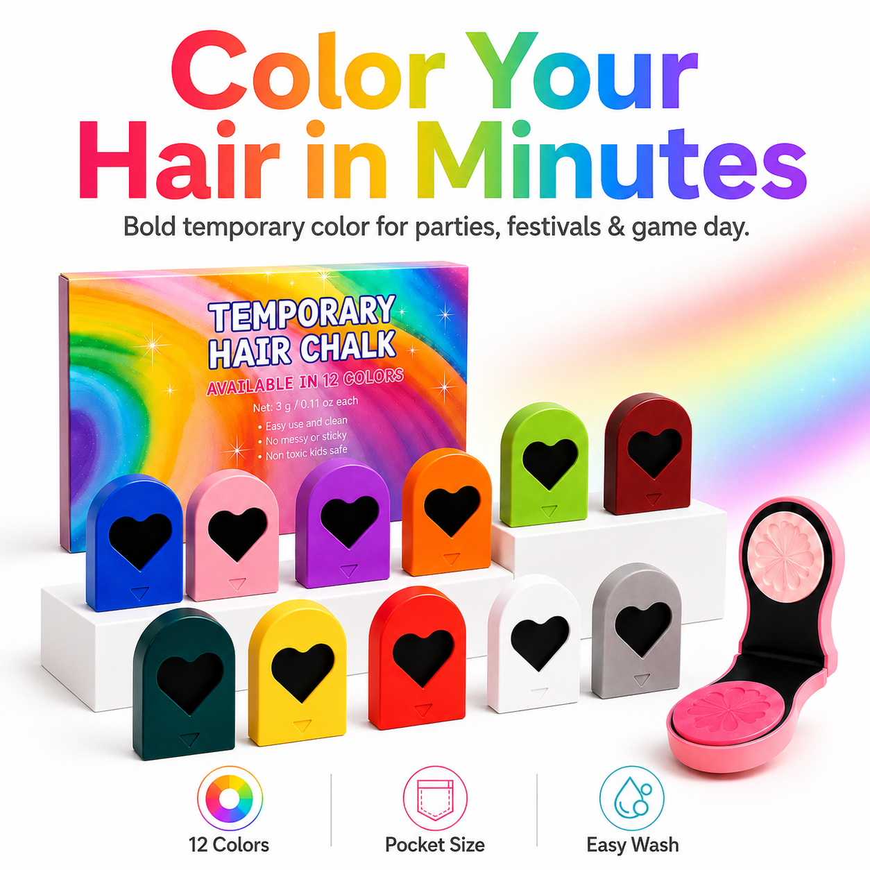 Vibrant rainbow temporary hair streaks for party and festival styling