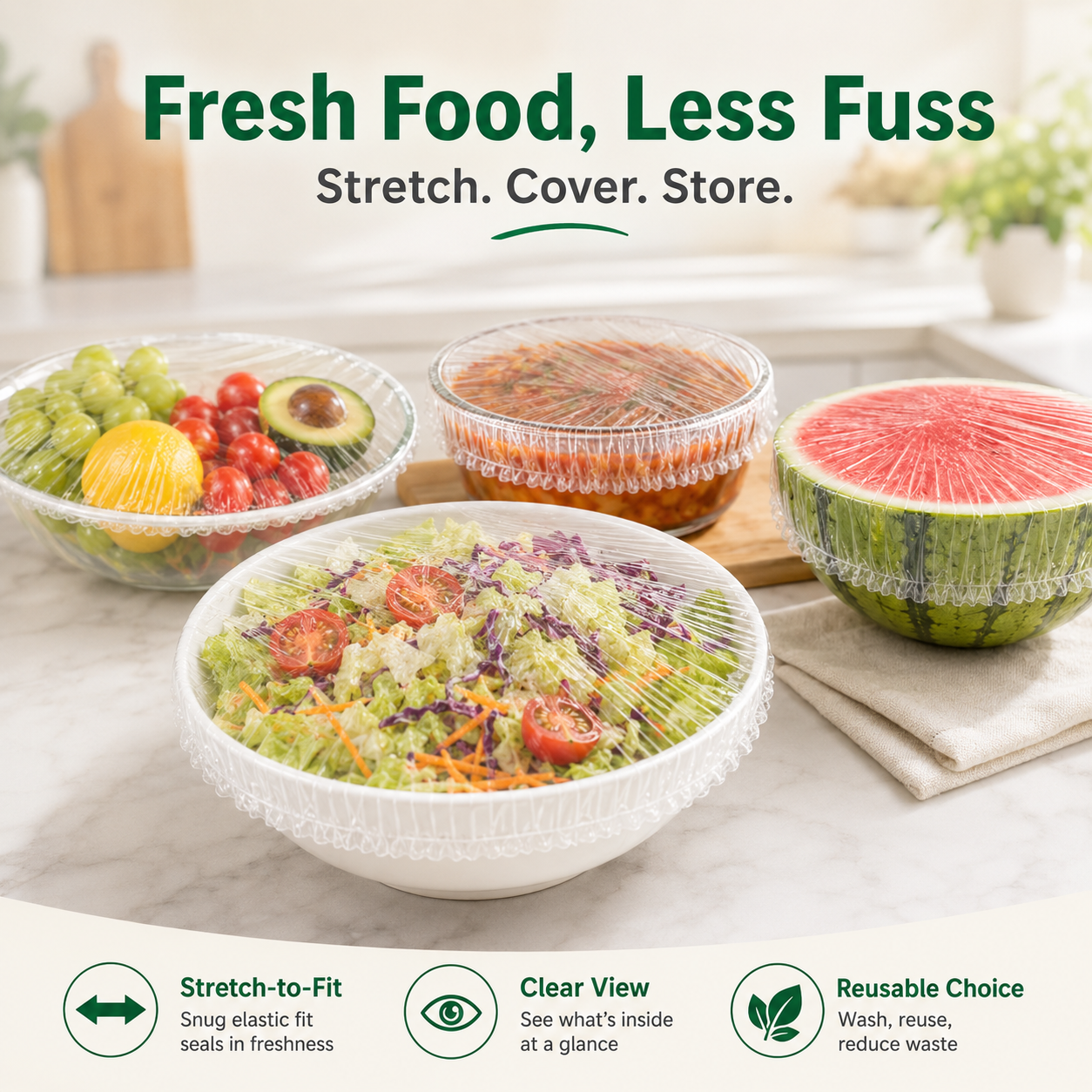 100 pieces food covers stored inside cute drawstring bag