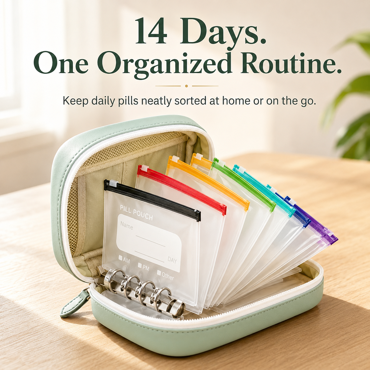 Transparent pill pouches with color zippers and writable labels