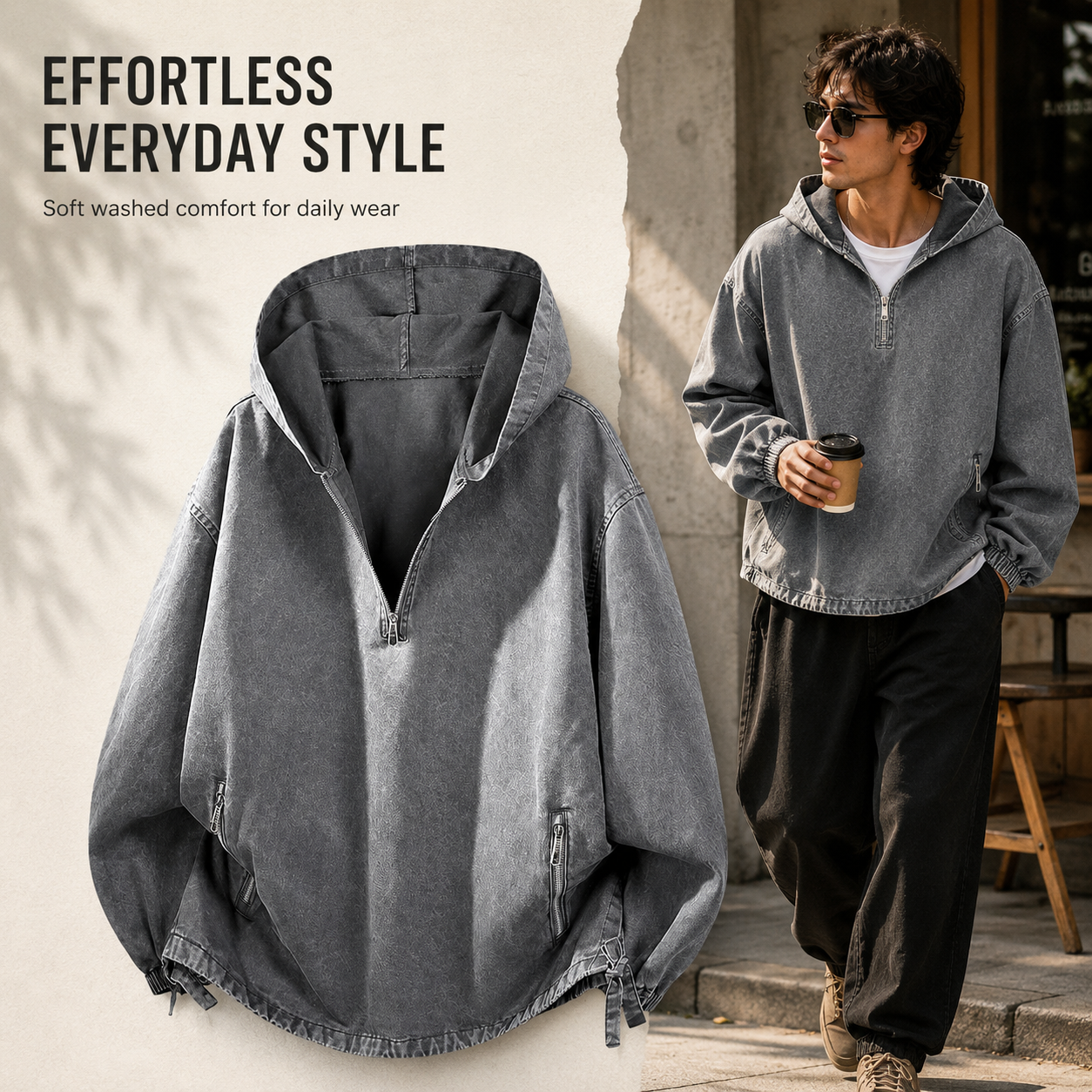 Model walking in washed hoodie paired with casual trousers