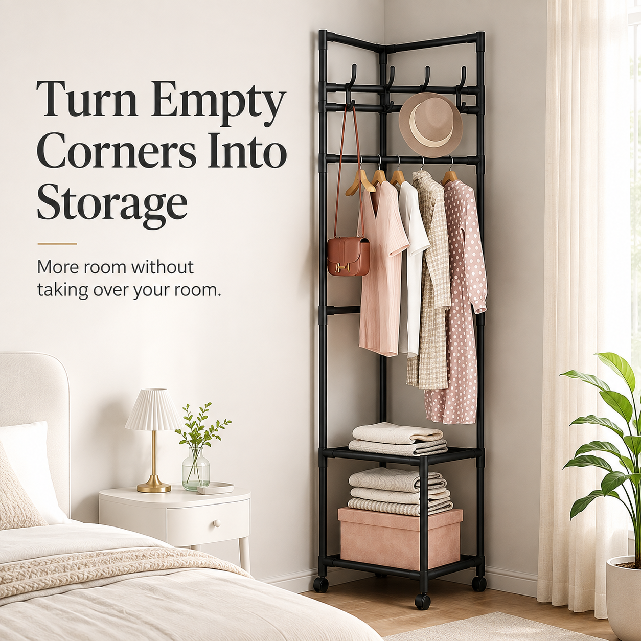 Black and white color options for corner garment rack