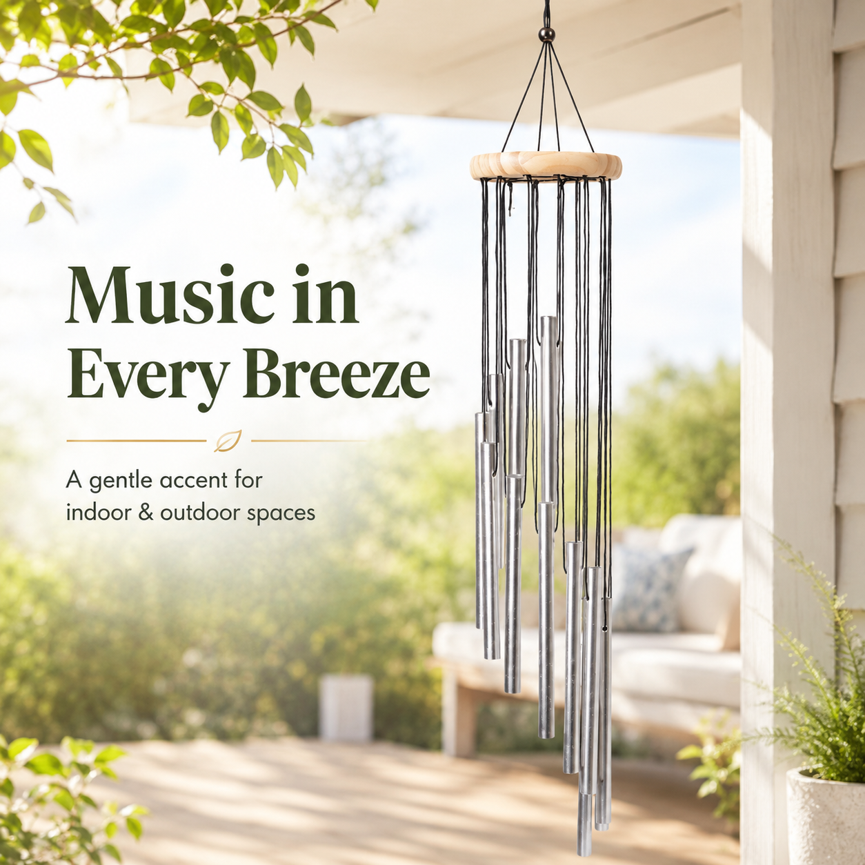 Wind chime hanging on porch beam with garden background