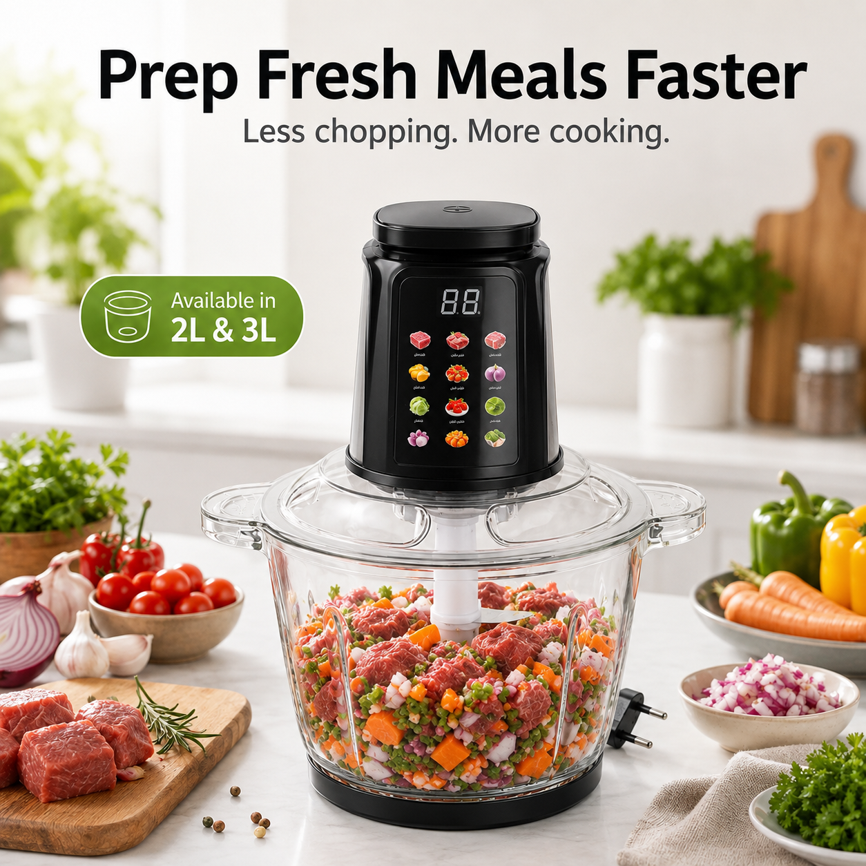 Electric food processor chopping meat and vegetables