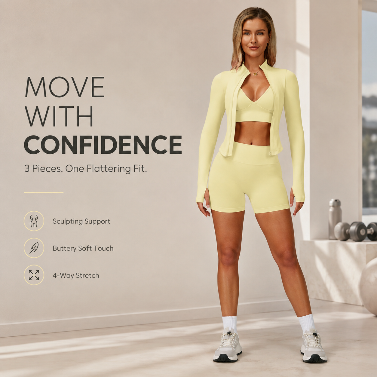 Women's 3-piece activewear set jacket sports bra and biker shorts full look