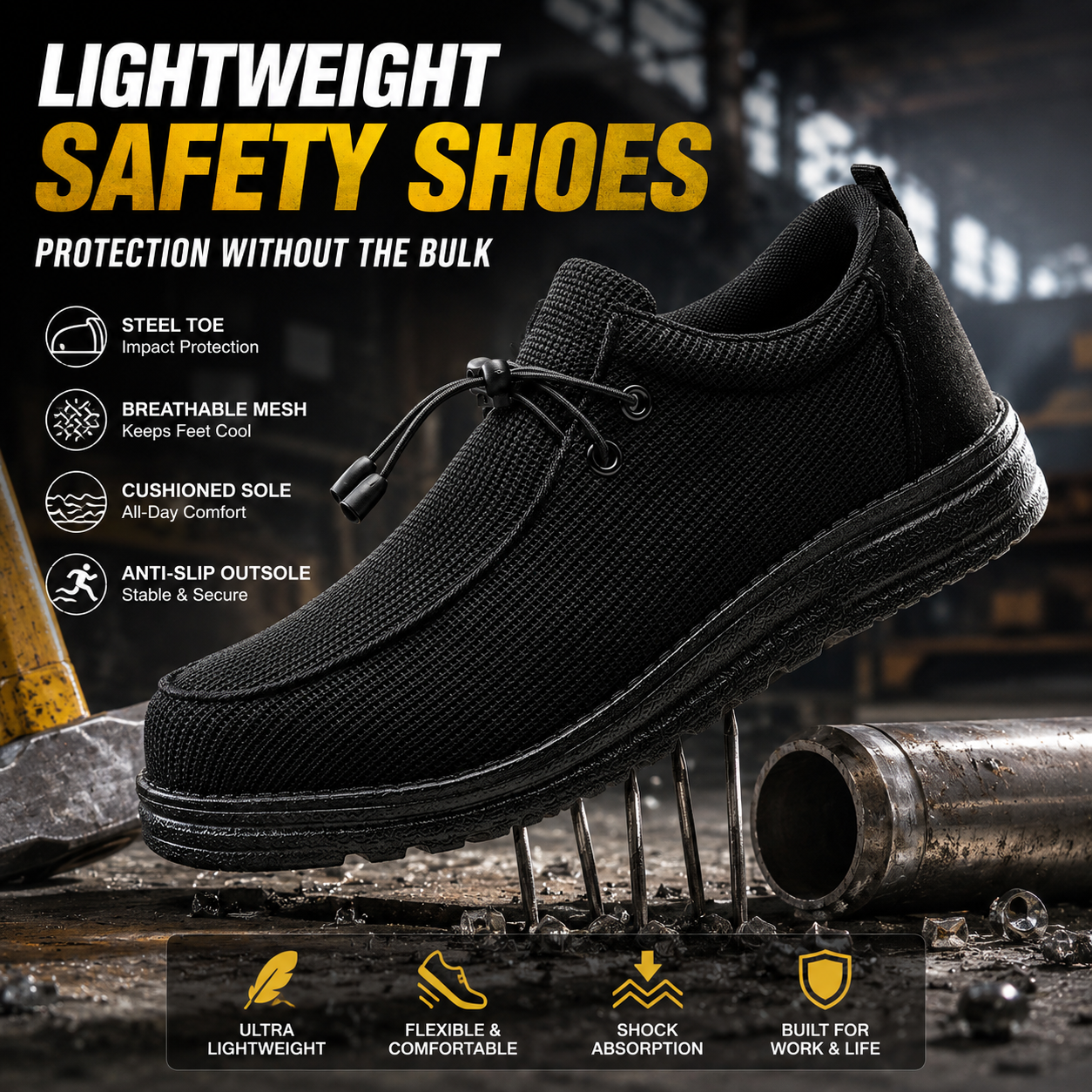 Side profile view of black safety loafer shoe