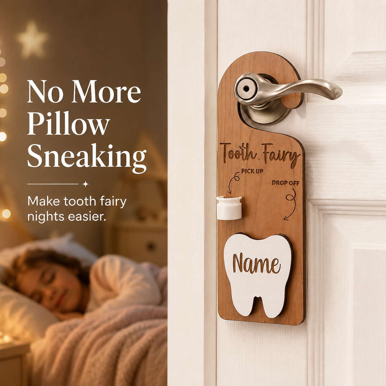 Tooth fairy door hanger hanging on kids bedroom door knob