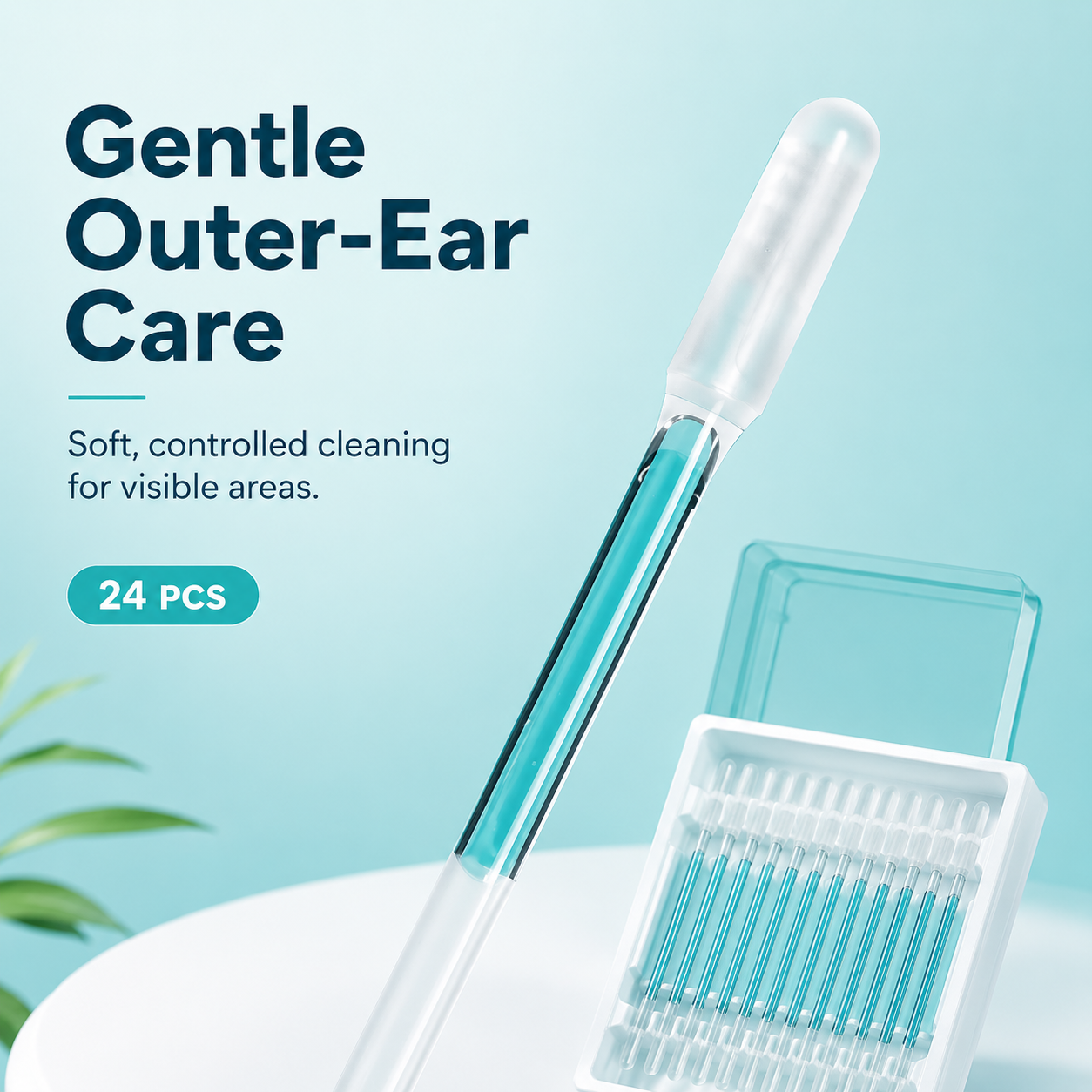 Holding slim teal translucent cleaning stick handle for precise hygiene care