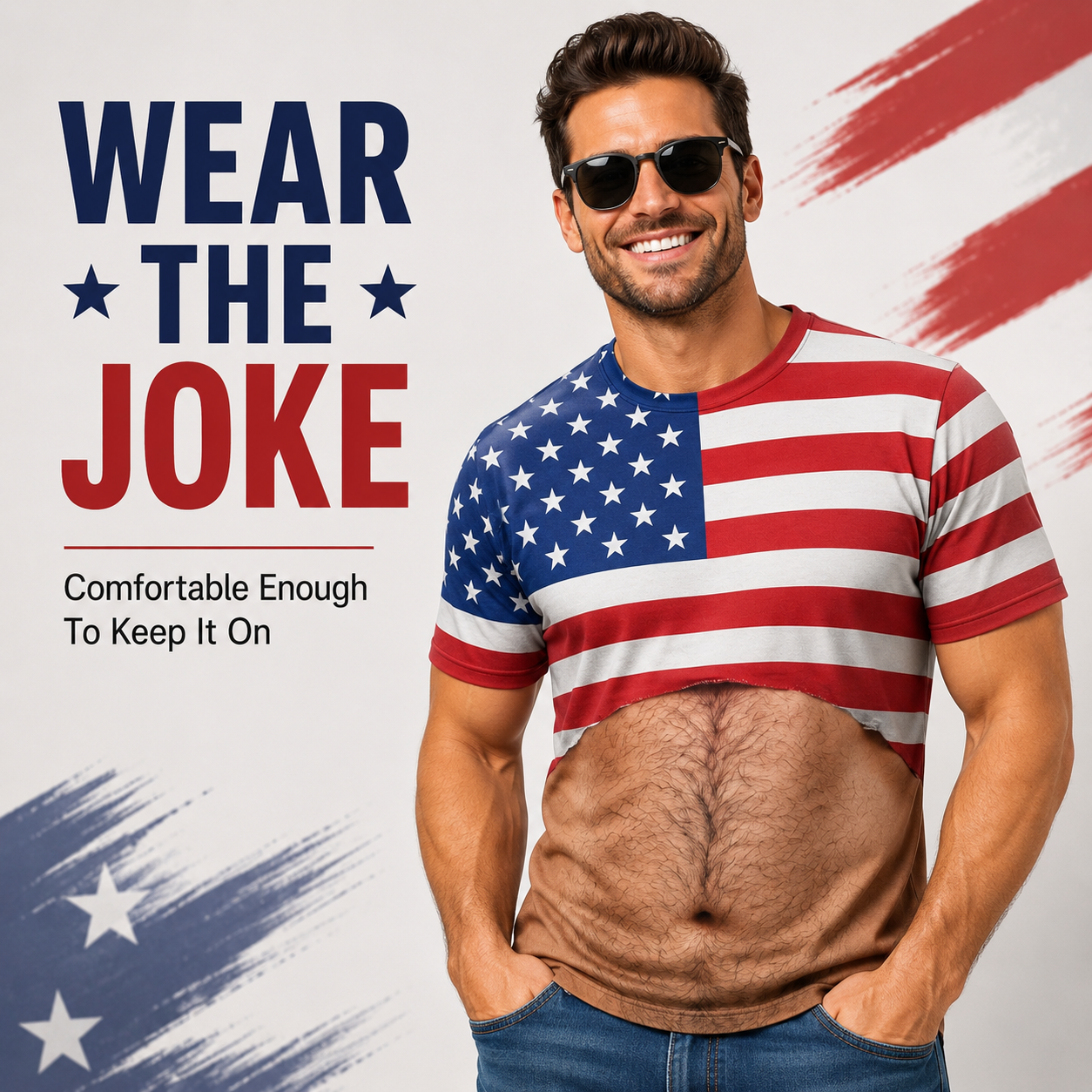 HD print detail of American flag stars and faux body hair texturing