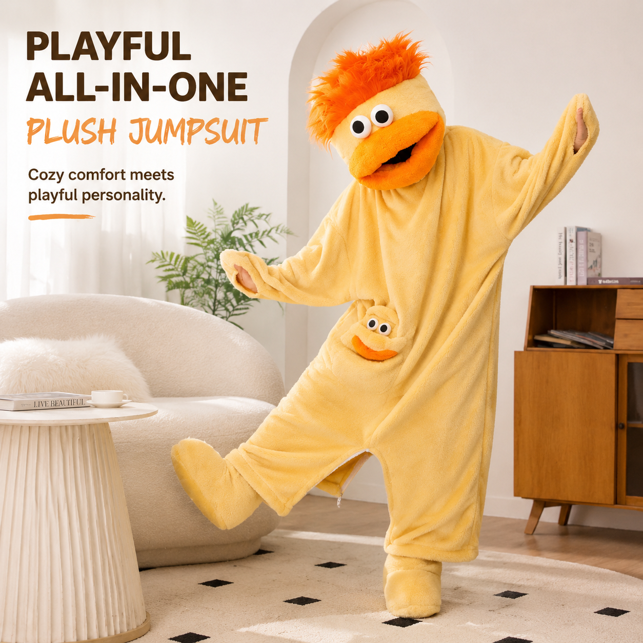 Cartoon oversized eyes hooded jumpsuit front view