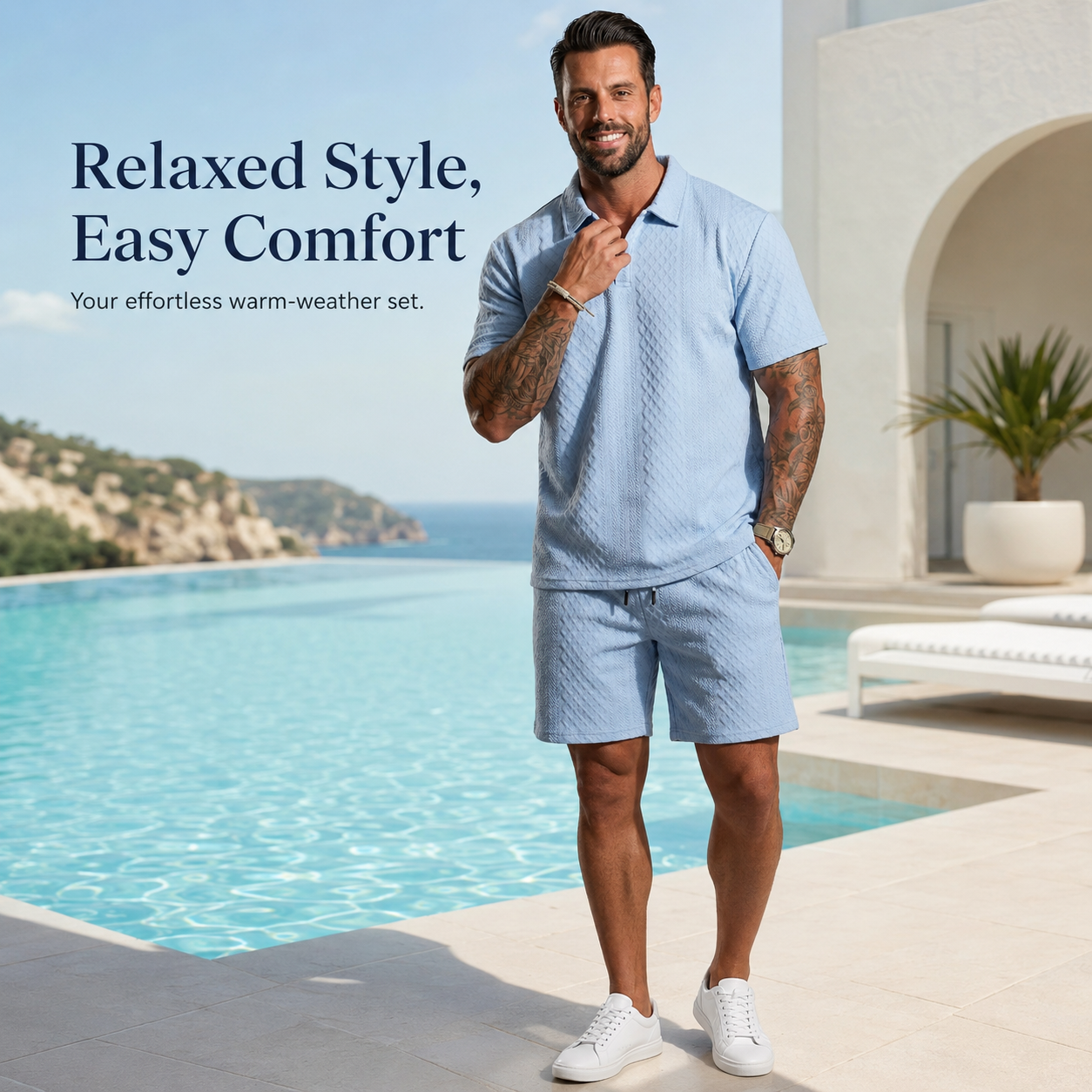 Full casual summer outfit styling with polo and shorts