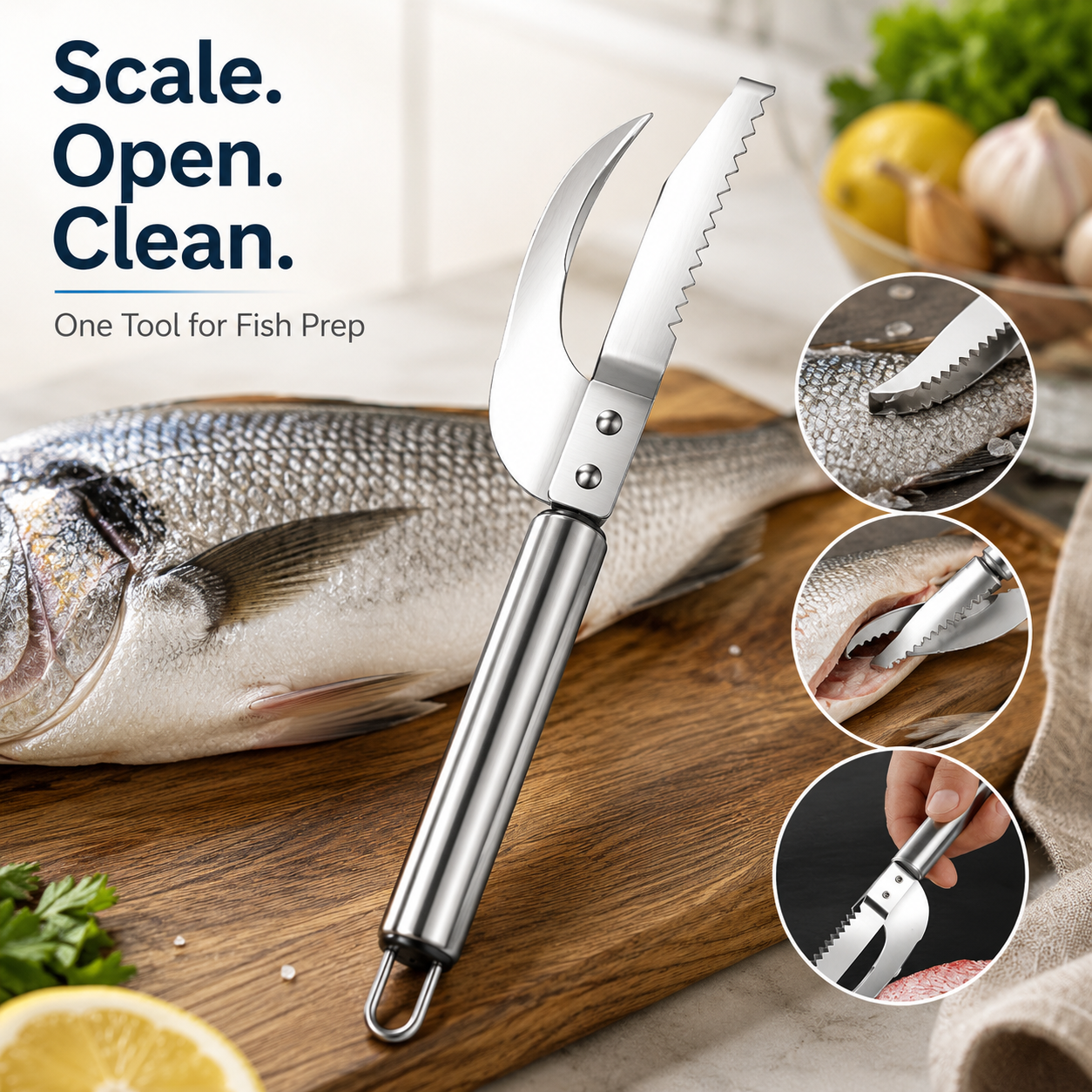 Cleaning fresh salmon and bass with stainless steel tool