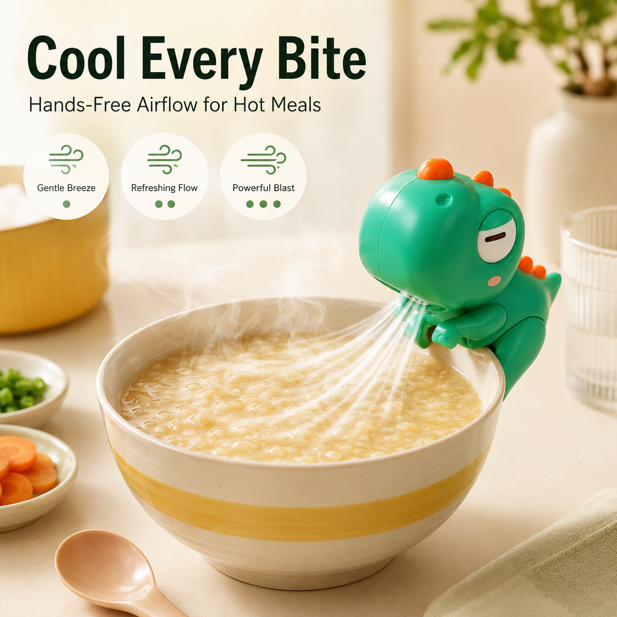 Mother using clip-on fan to cool baby porridge cleanly