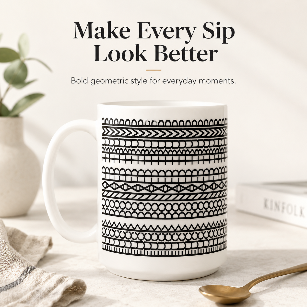 Patterned mug displayed on office workspace and kitchen table