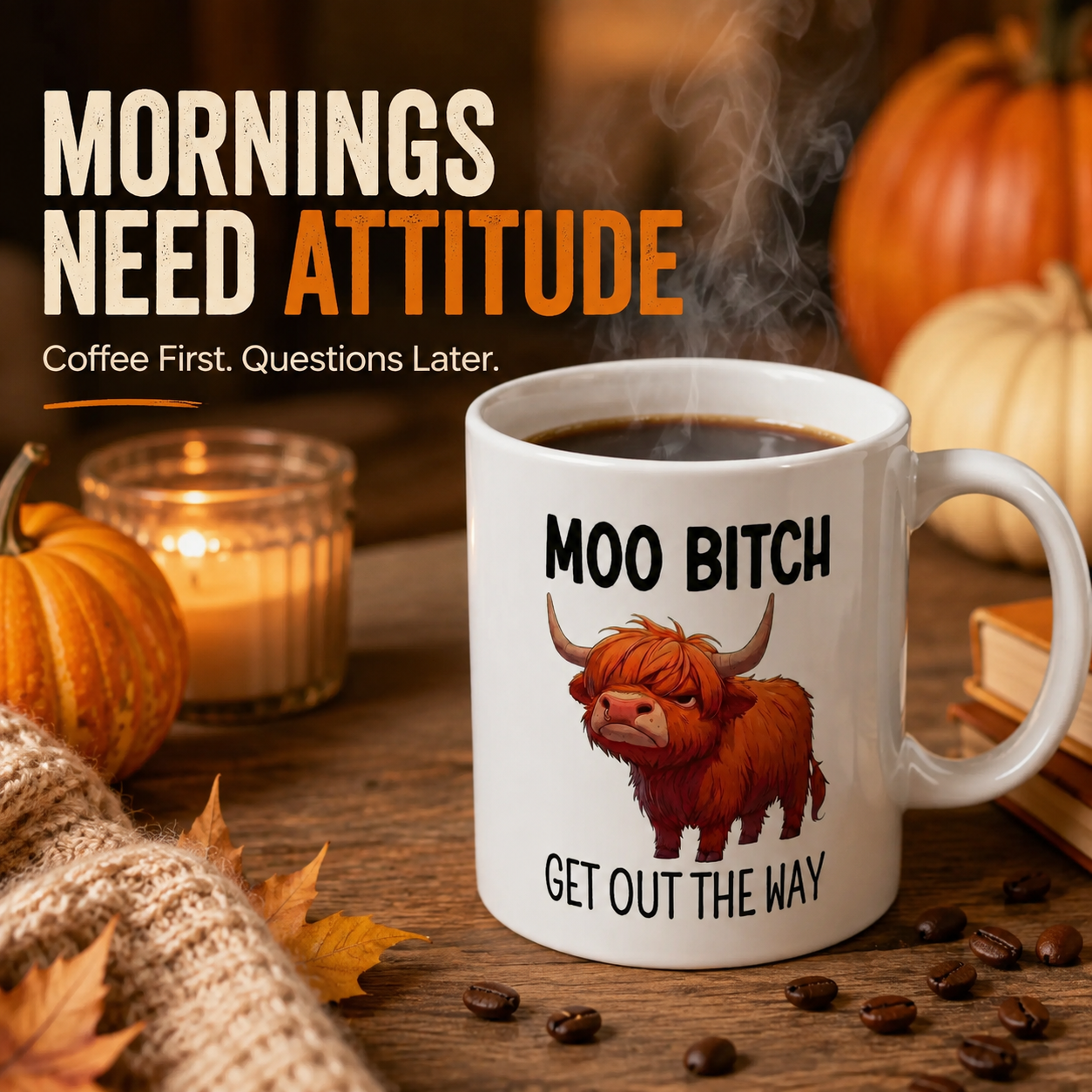 Three mug variations showing white, orange accent, and black accent styles