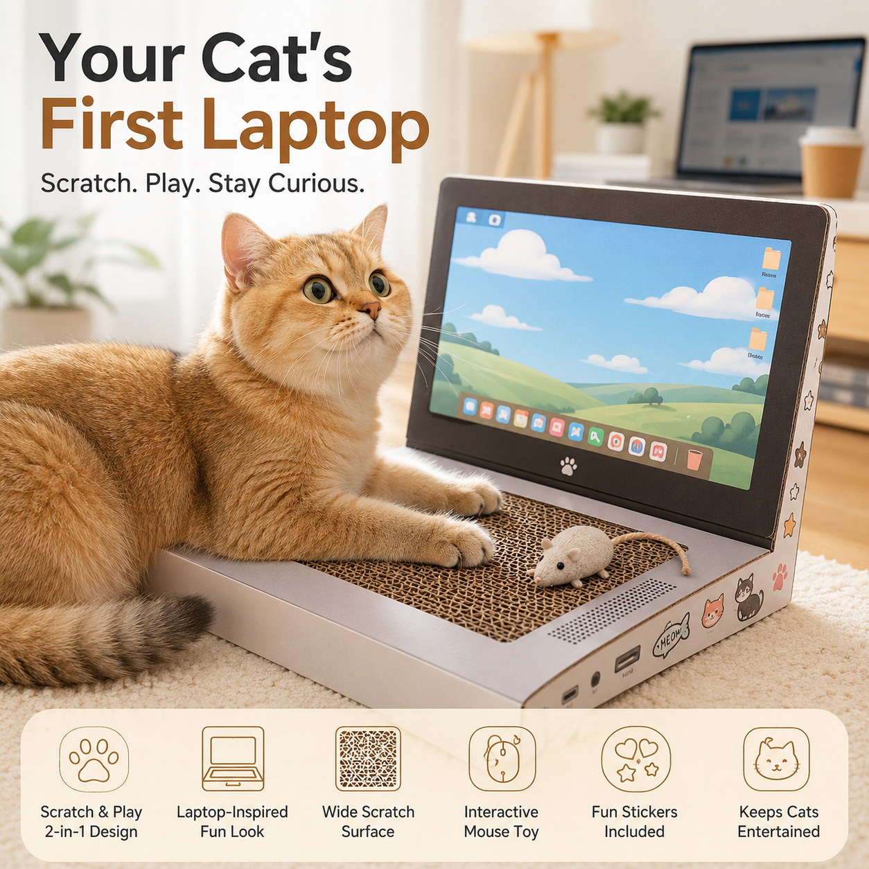 Interactive plush mouse toy connected to laptop scratcher