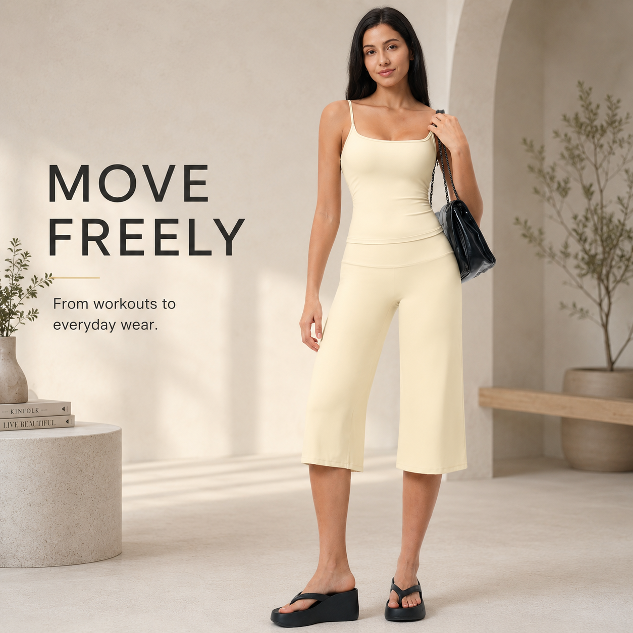 Model wearing colored activewear set in everyday casual setting