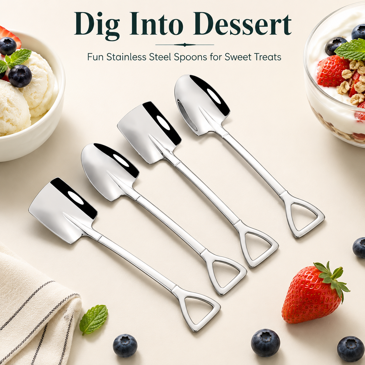 Spoons neatly sitting in luxury dessert bowls