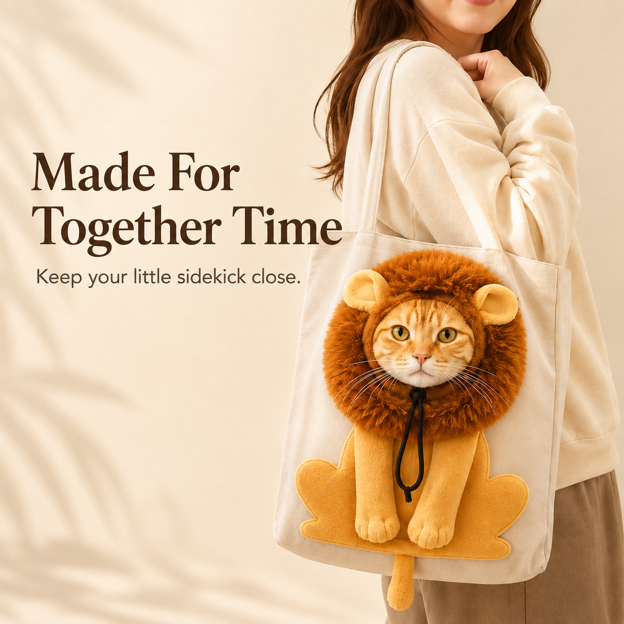 Person wearing cat tote bag over shoulder walking outdoors