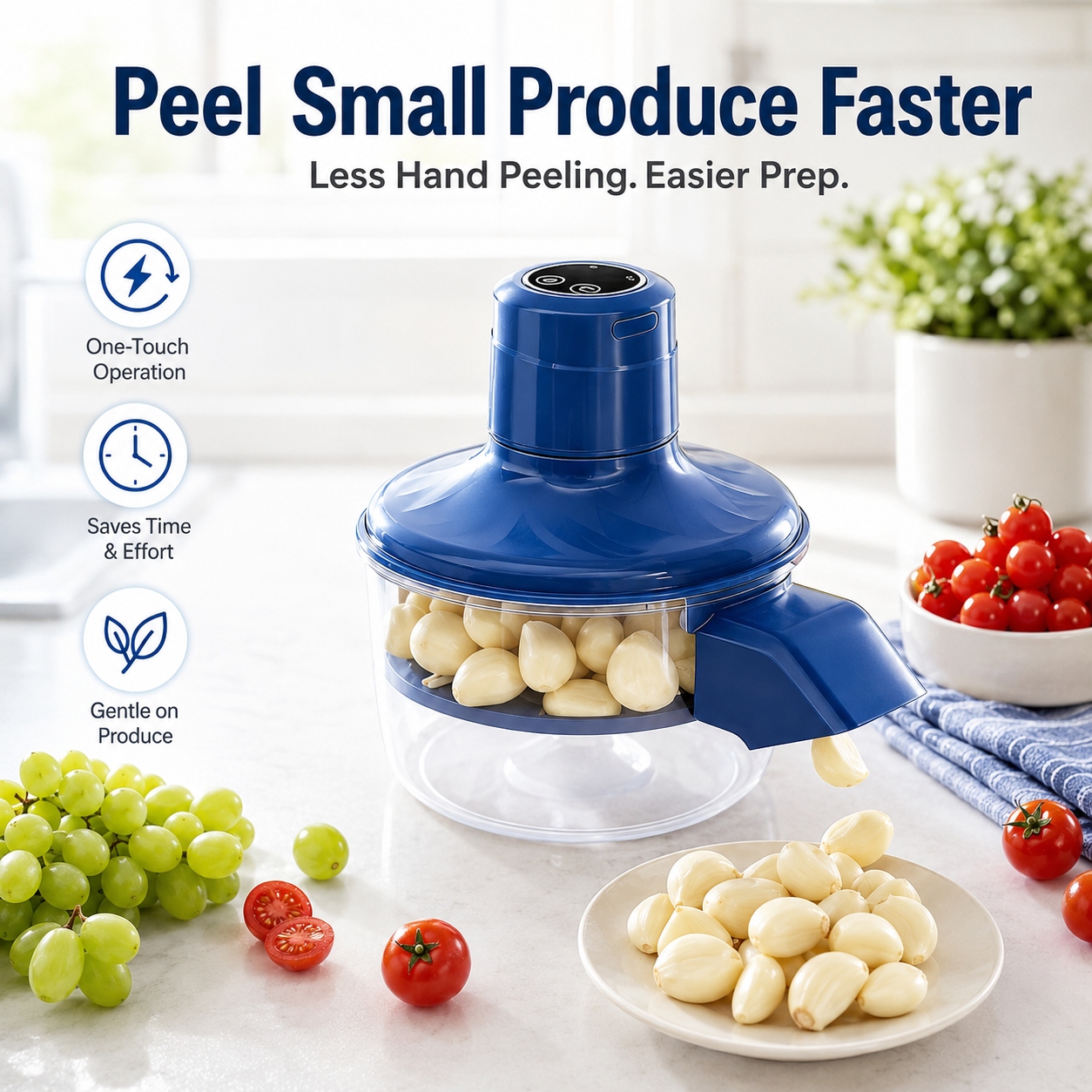 Electric fruit and garlic peeler machine main profile view