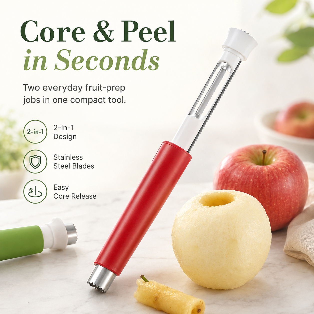 2 in 1 stainless steel fruit corer and peeler tool overview