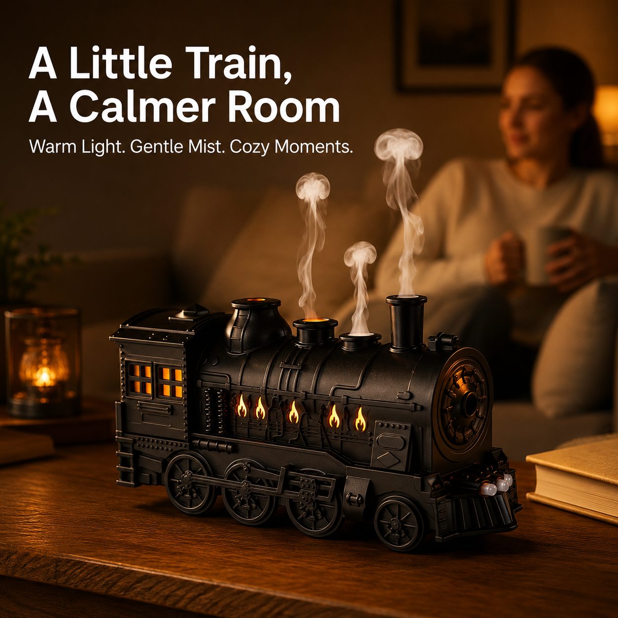 Train diffuser placed on living room coffee table