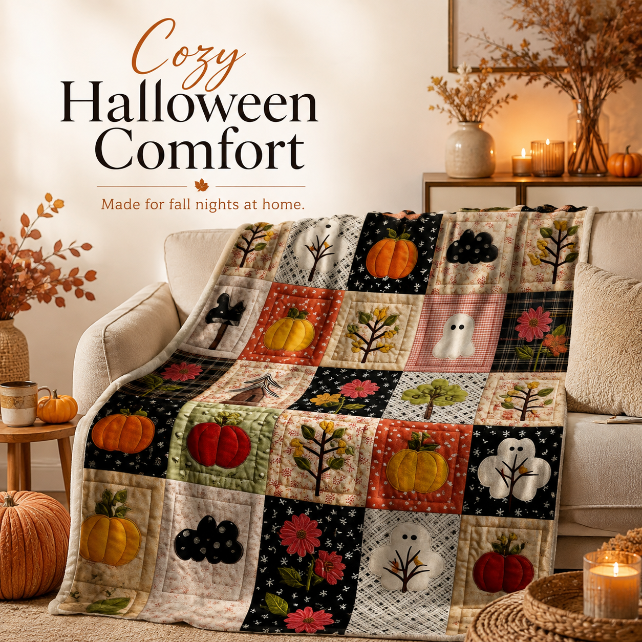 Halloween flannel throw blanket displayed on armchair
